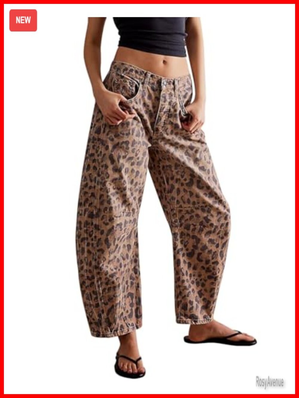 Leopard Print Barrel Jeans Wide Leg Boyfriend Mid Rise Ankle Denim Pants